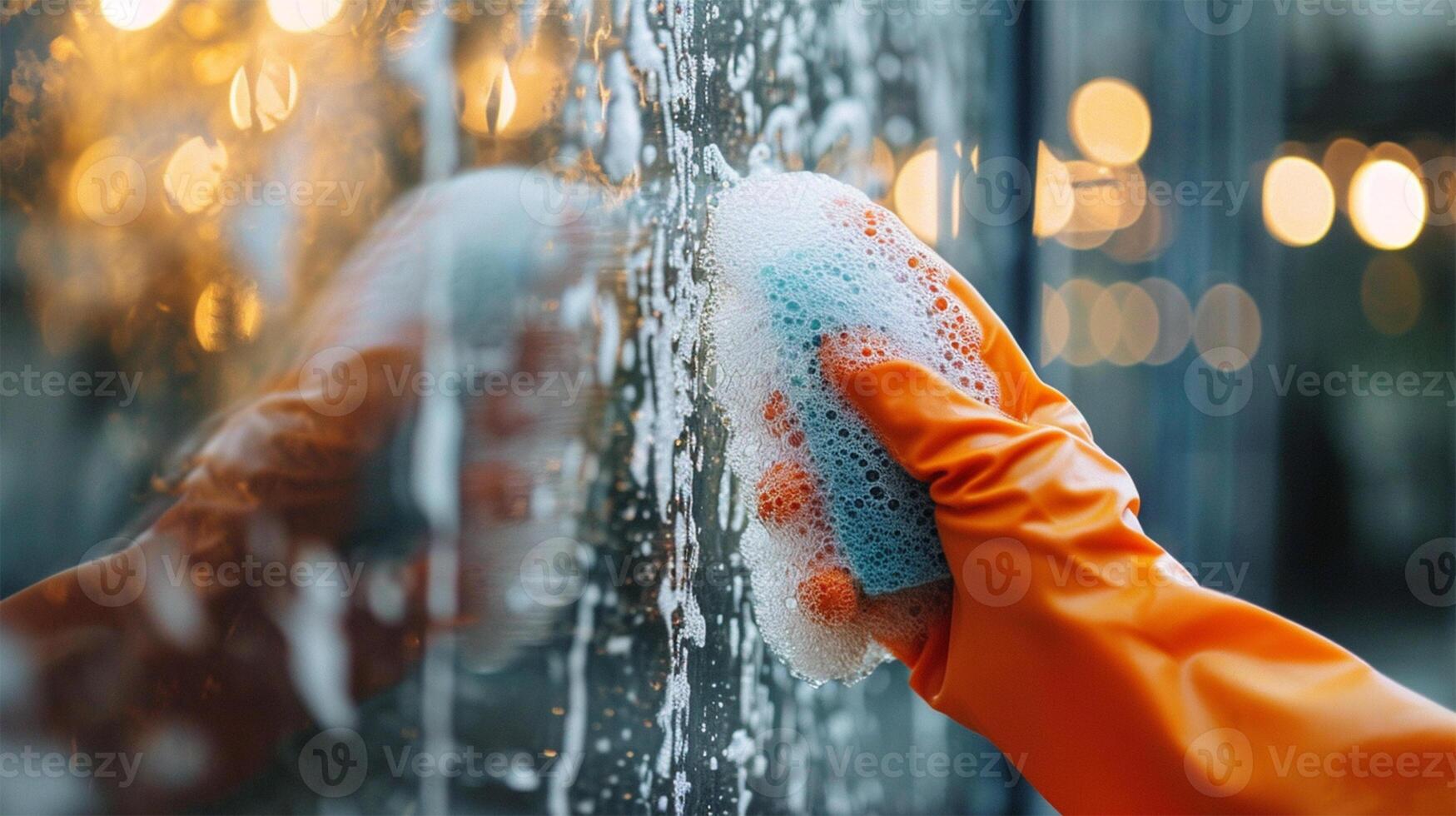 ai generado limpieza concepto. de cerca de hembra mano en naranja guantes limpieza ventana cristal con esponja. foto