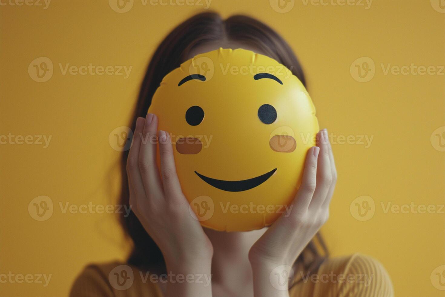 AI generated Realist Person hiding her face with big emoji photo