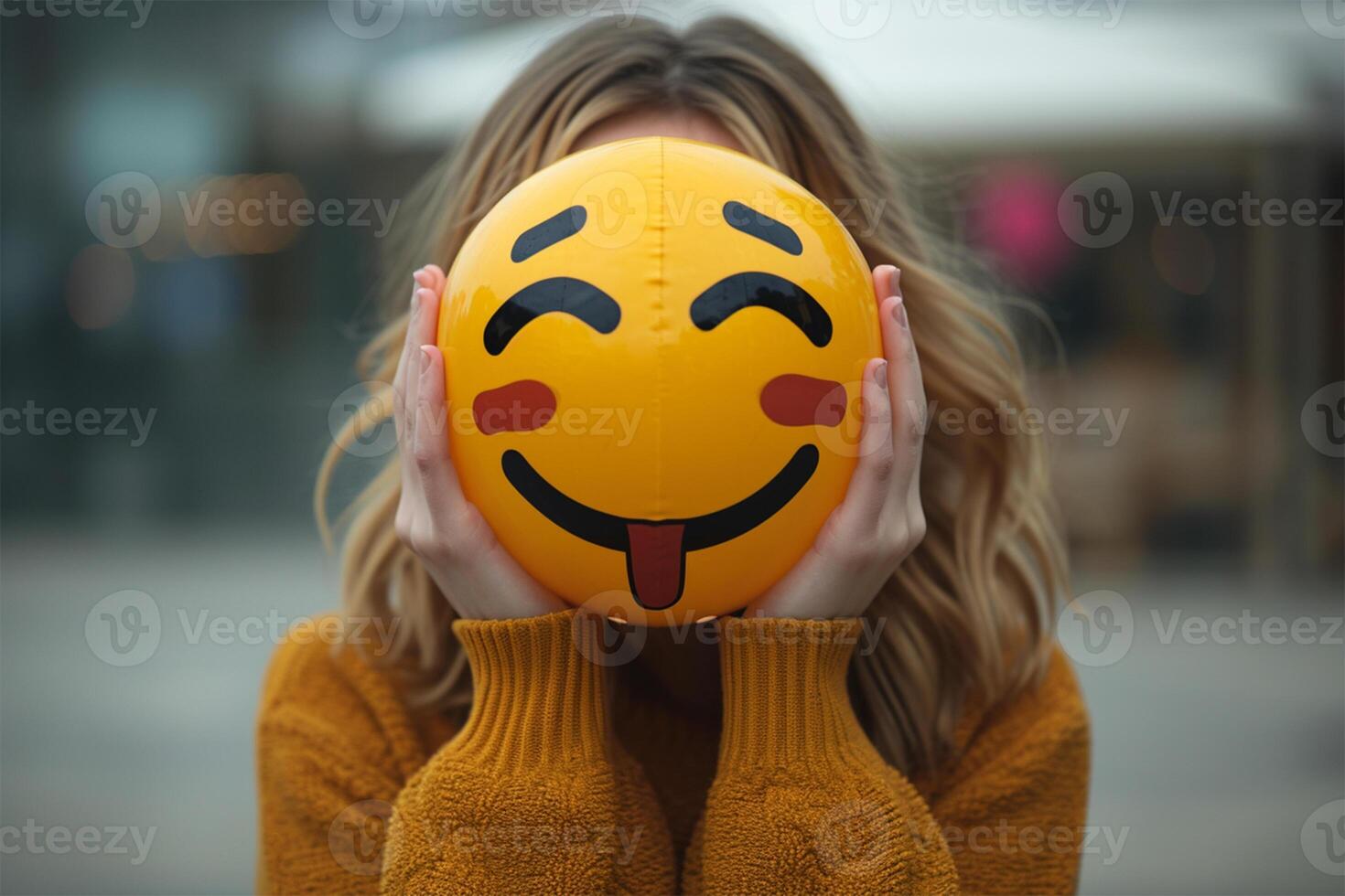 ai generado realista persona ocultación su cara con grande emoji foto