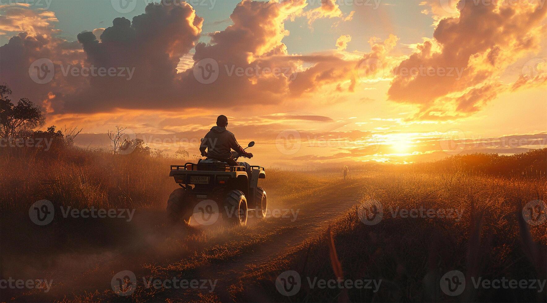 AI generated Racing quad bike on the sand in the rays of the setting sun photo