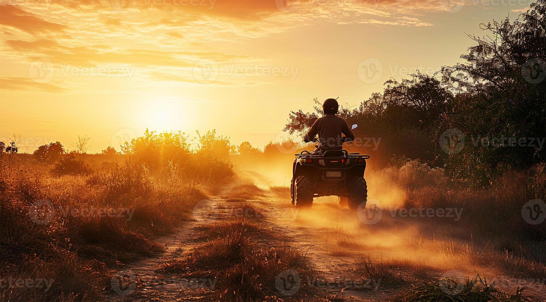 AI generated Racing quad bike on the sand in the rays of the setting sun photo