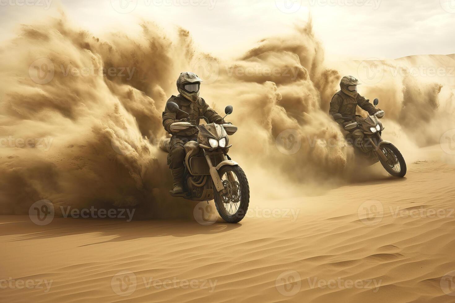 ai generado motos conducción mediante un Desierto tormenta de arena, ai generado foto