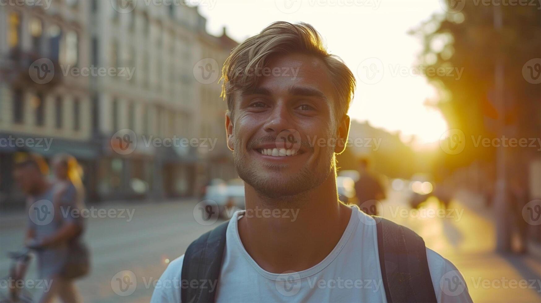 ai generado retrato de un hermoso joven hombre con lentes y un bufanda en el ciudad. foto