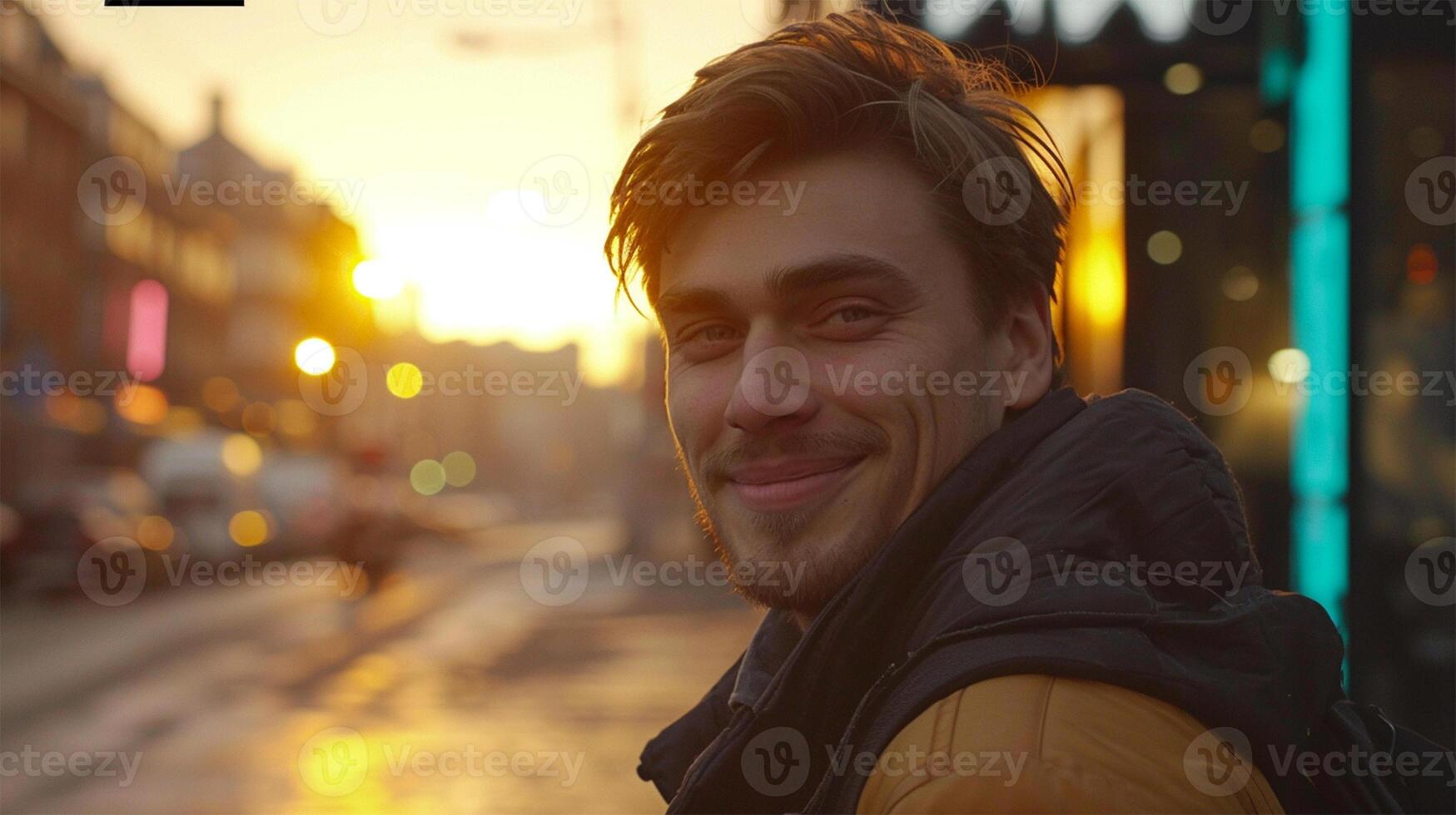 AI generated rtrait of a handsome young man with glasses and a scarf in the city. photo