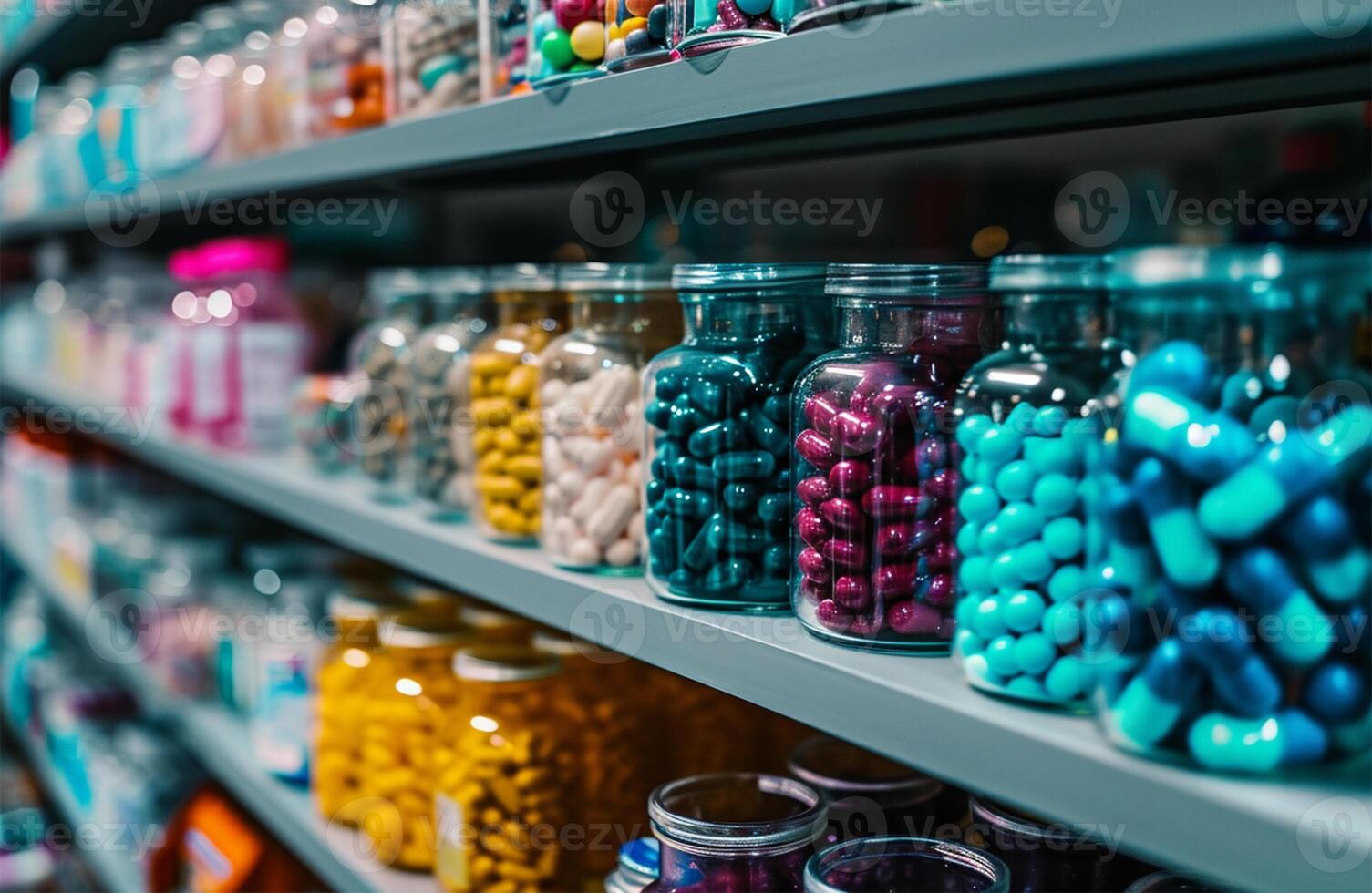 AI generated medicine bottles on shelf in pharmacy drugstore for health care photo