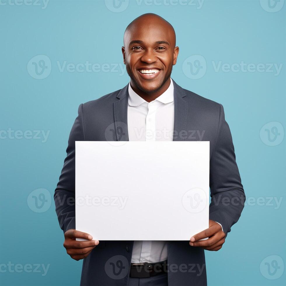 AI generated smiling young businessman holding blank sheet of paper, over blue background photo