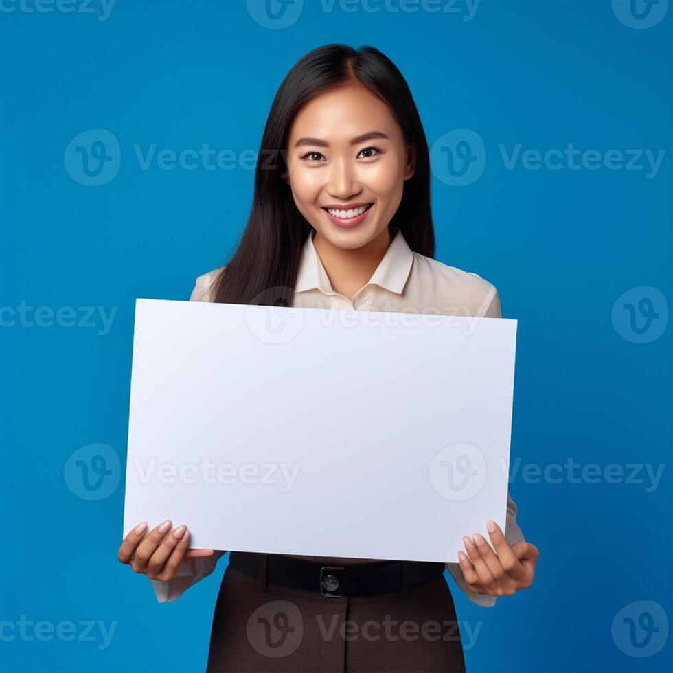 AI generated businesswoman holding blank board, isolated on blue background photo