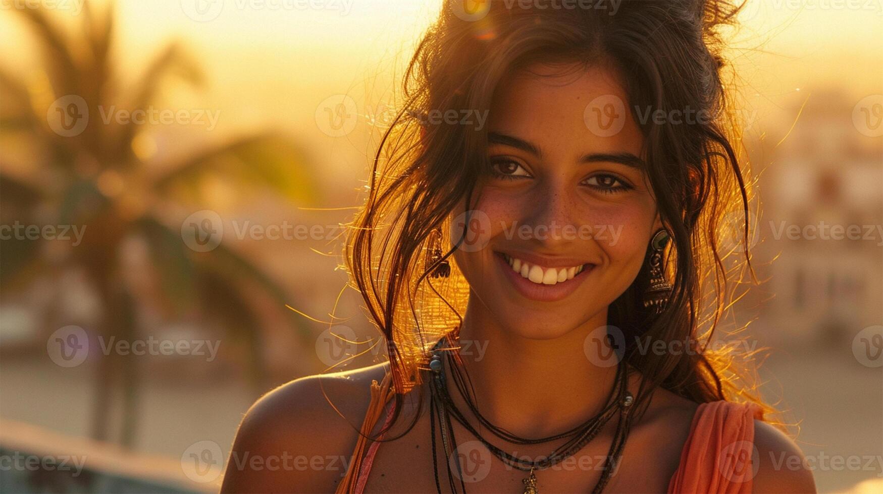AI generated Portrait of a beautiful young Indian woman smiling at the camera. photo