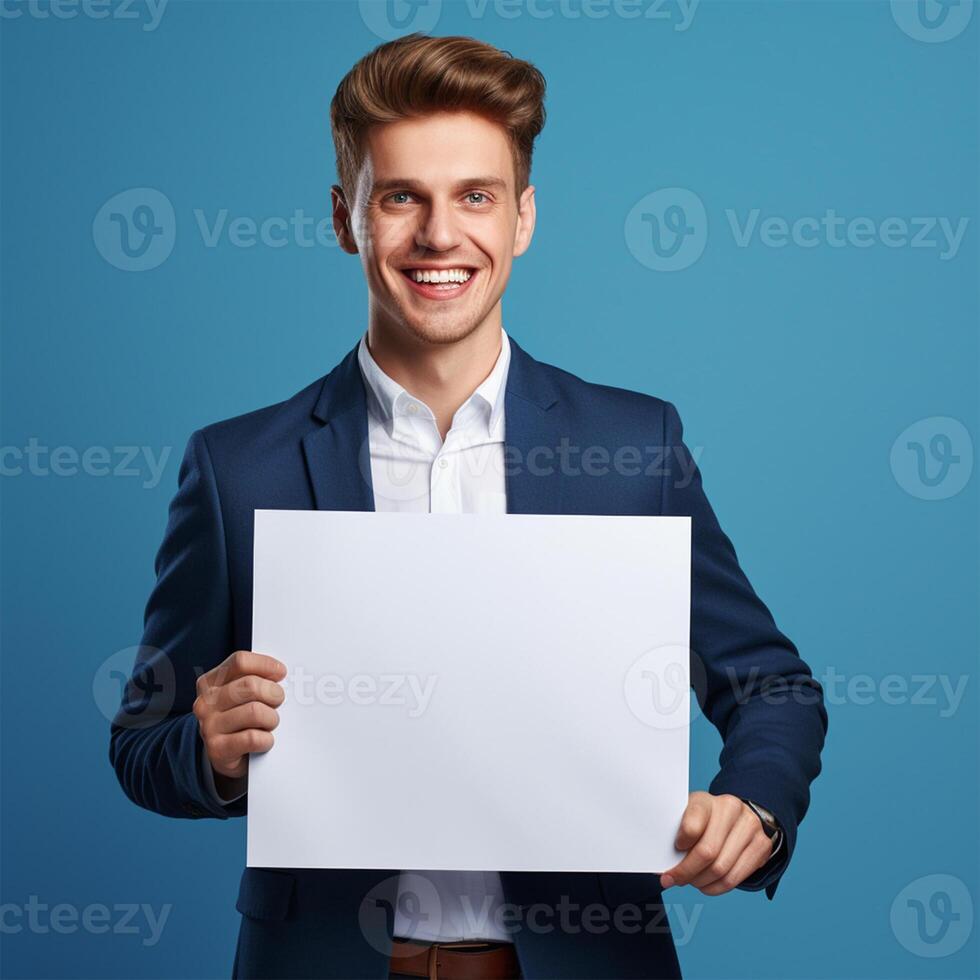 AI generated Smiling young businessman holding blank sheet of paper, over blue background photo