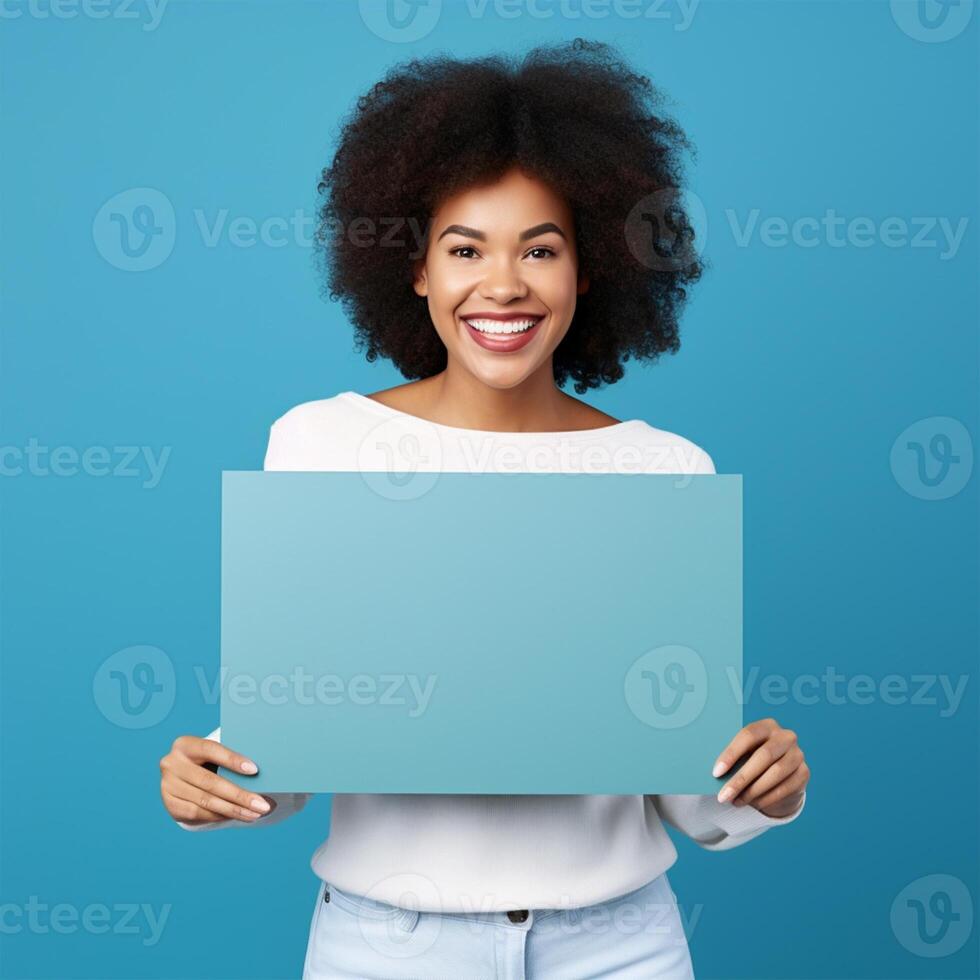 AI generated businesswoman holding blank board, isolated on blue background photo