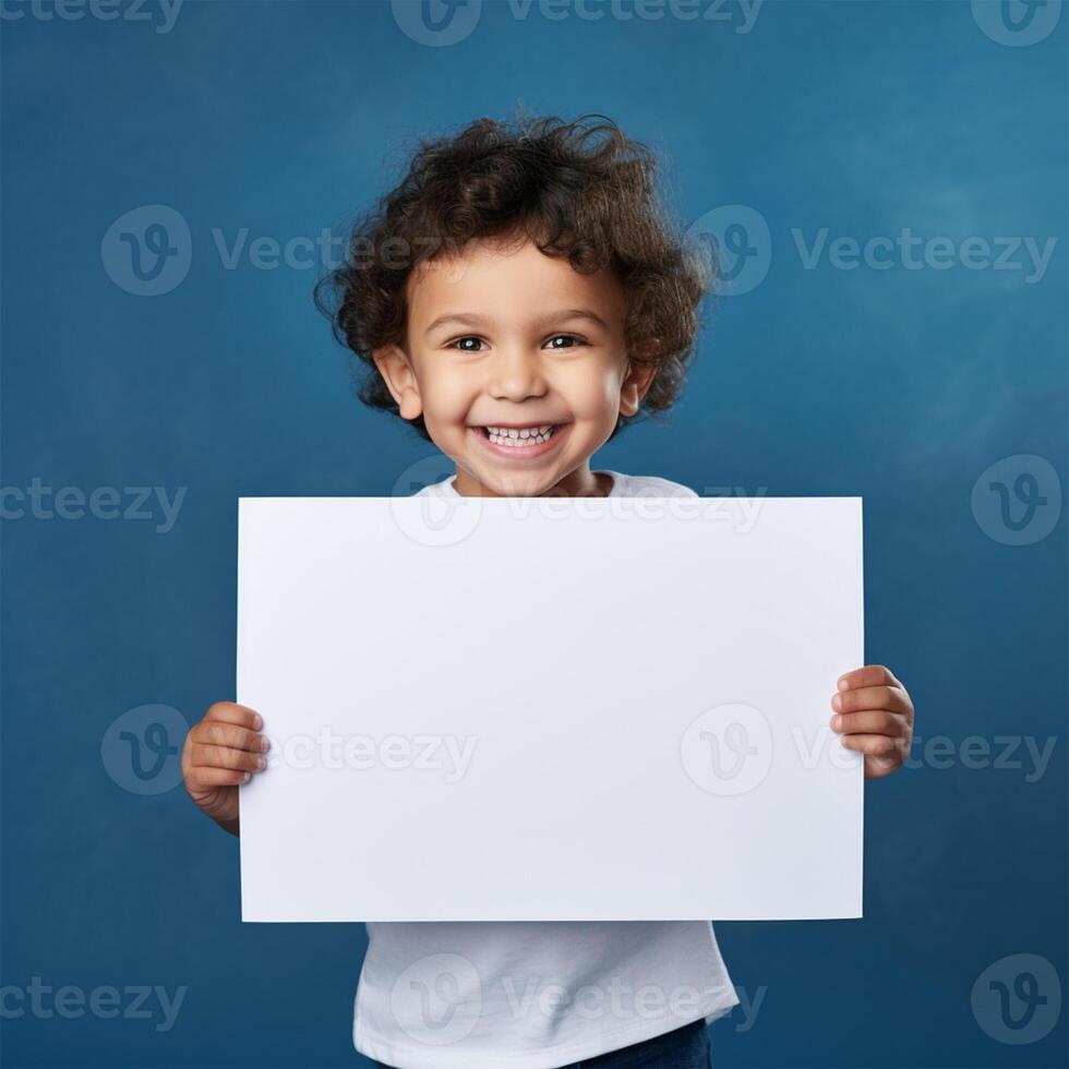 AI generated smiling little girl holding blank white sheet of paper on blue background photo