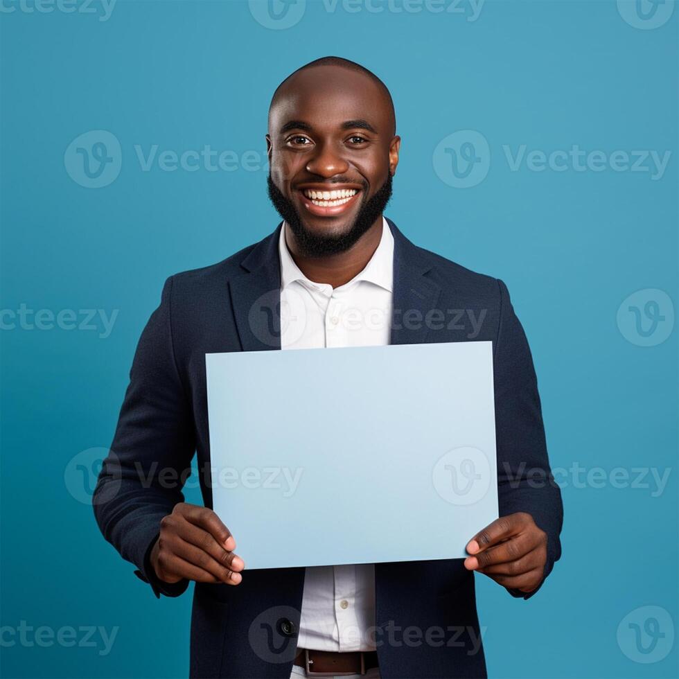 AI generated smiling young businessman holding blank sheet of paper, over blue background photo