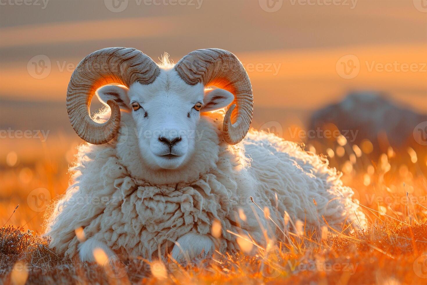 AI generated Sheep in the meadow at sunset. Beautiful nature background. photo