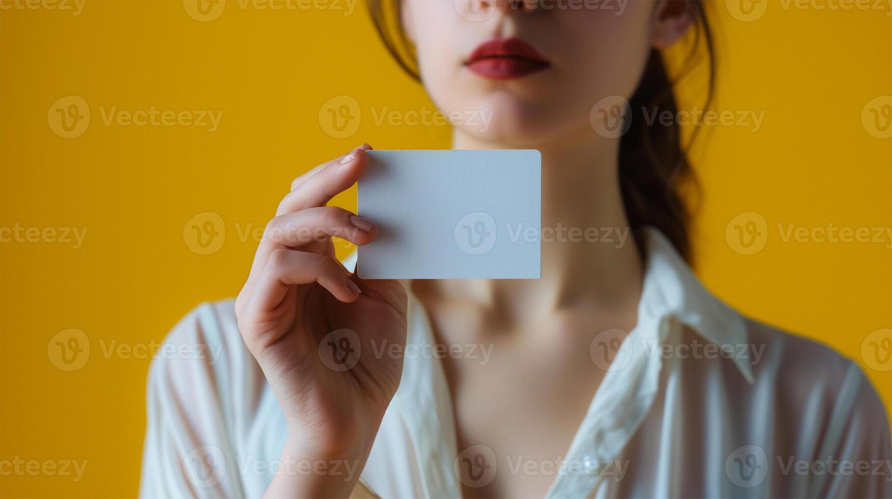 AI generated cropped shot of businesswoman holding blank business card photo