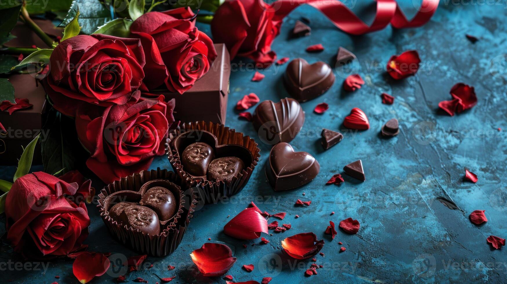 AI generated Elegant Seduction Roses and Heart Chocolates photo