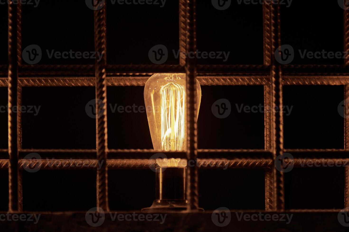 One decorative incandescent light bulb inside loft partition from reinforced steel bar photo
