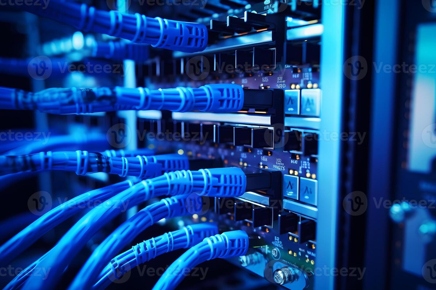 AI generated Close-up photo of a server patch panel with many ports and wires. Many indicators of different colors show the active work of the servers.