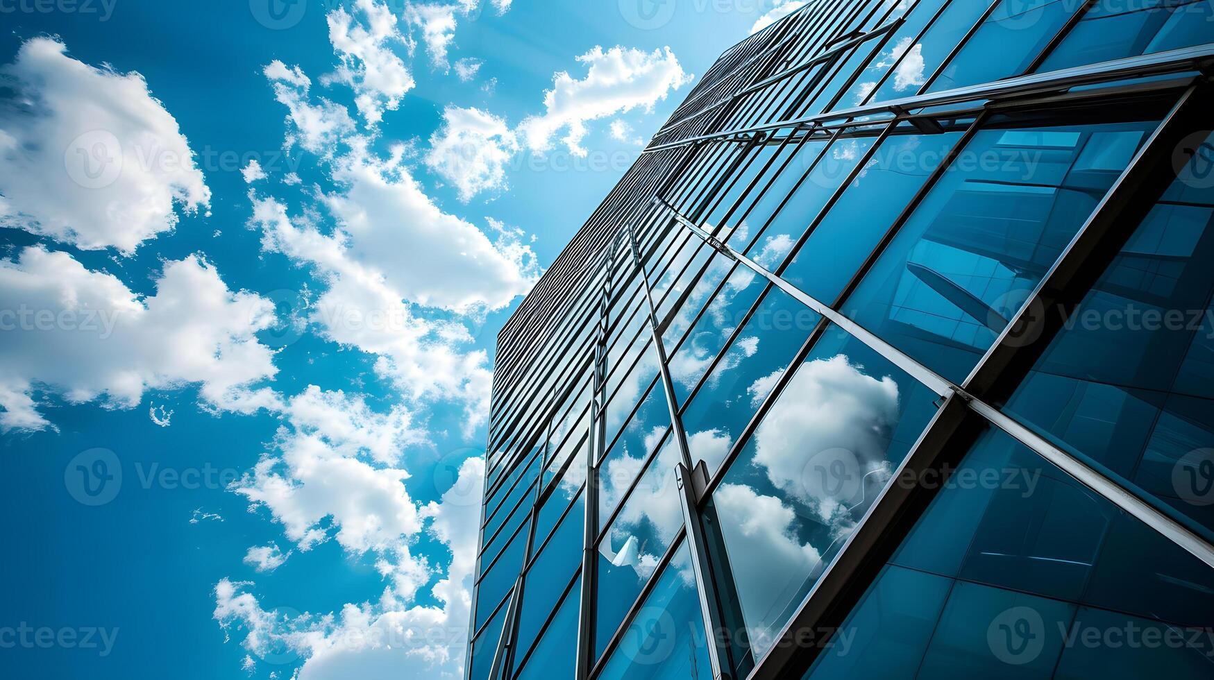 AI generated Low angle photo of glassed business center with sky view in the middle of day. Business photo concept