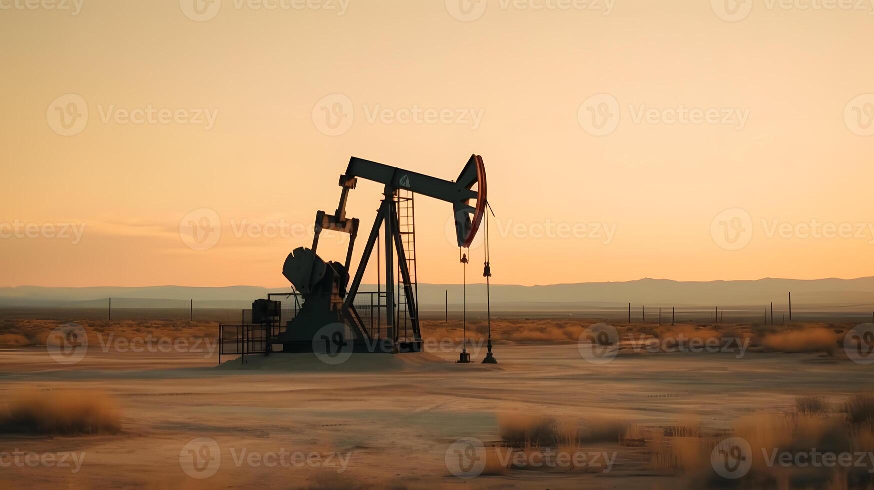 AI generated Photo of crude oil pumpjack rig at sunset. Concept art of oil production or issues of nature protection