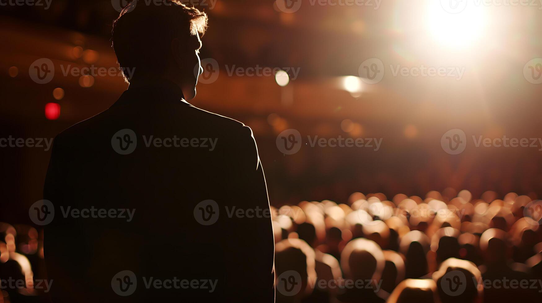 AI generated Business coach speaks on stage in front of people. Back view. Business training concept. photo
