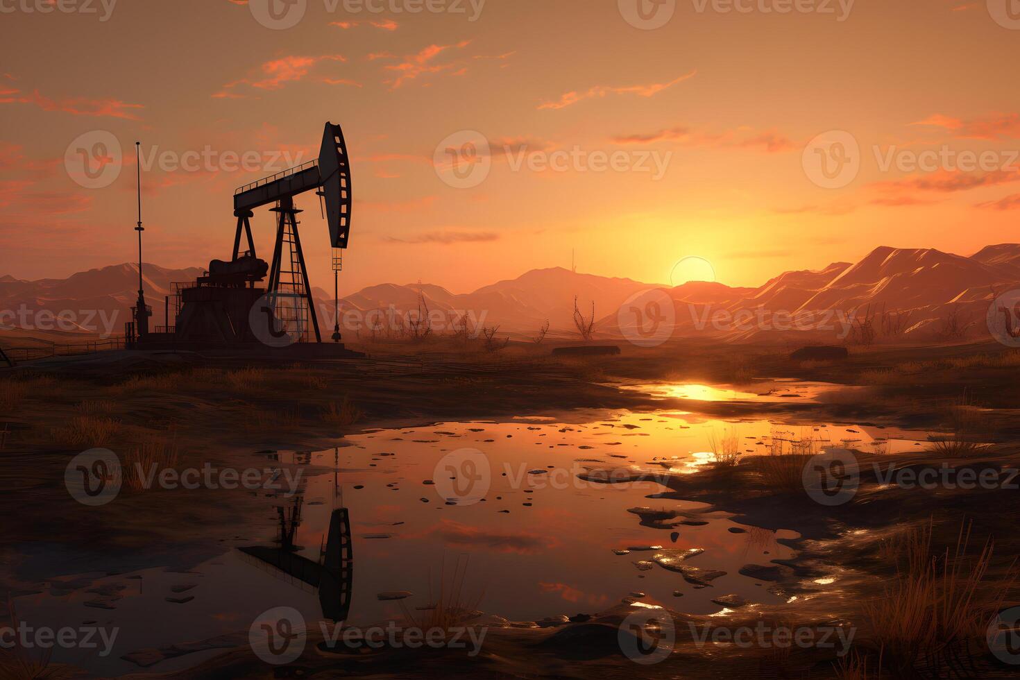 AI generated Photo of crude oil pumpjack rig at sunset. Concept art of oil production or issues of nature protection