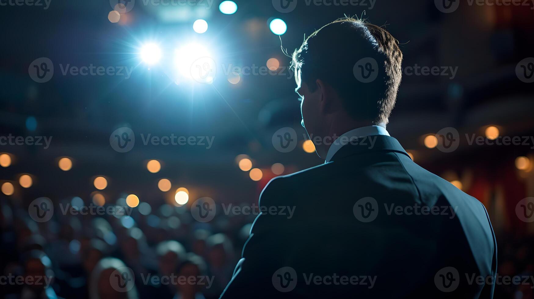 AI generated Business coach speaks on stage in front of people. Back view. Business training concept. photo