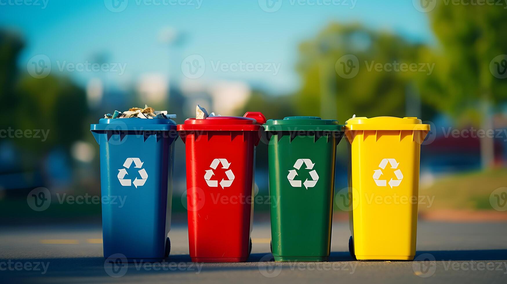 AI generated Yellow, green and red trash cans with recycling symbol. The concept of nature conservation and separate waste collection photo