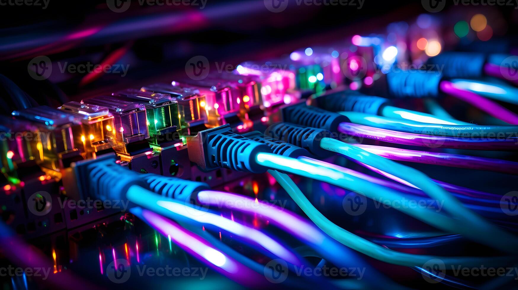 AI generated Close-up photo of patch panel with colored cords in server room. Technology concept