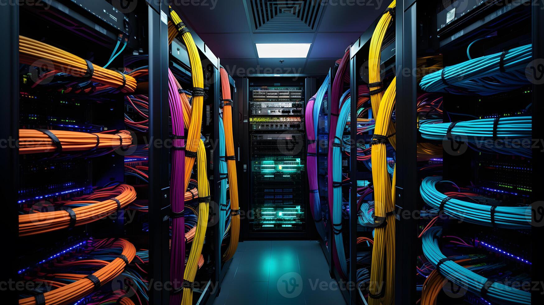 AI generated Server room with server racks and wires. Server uptime concept and cable management photo