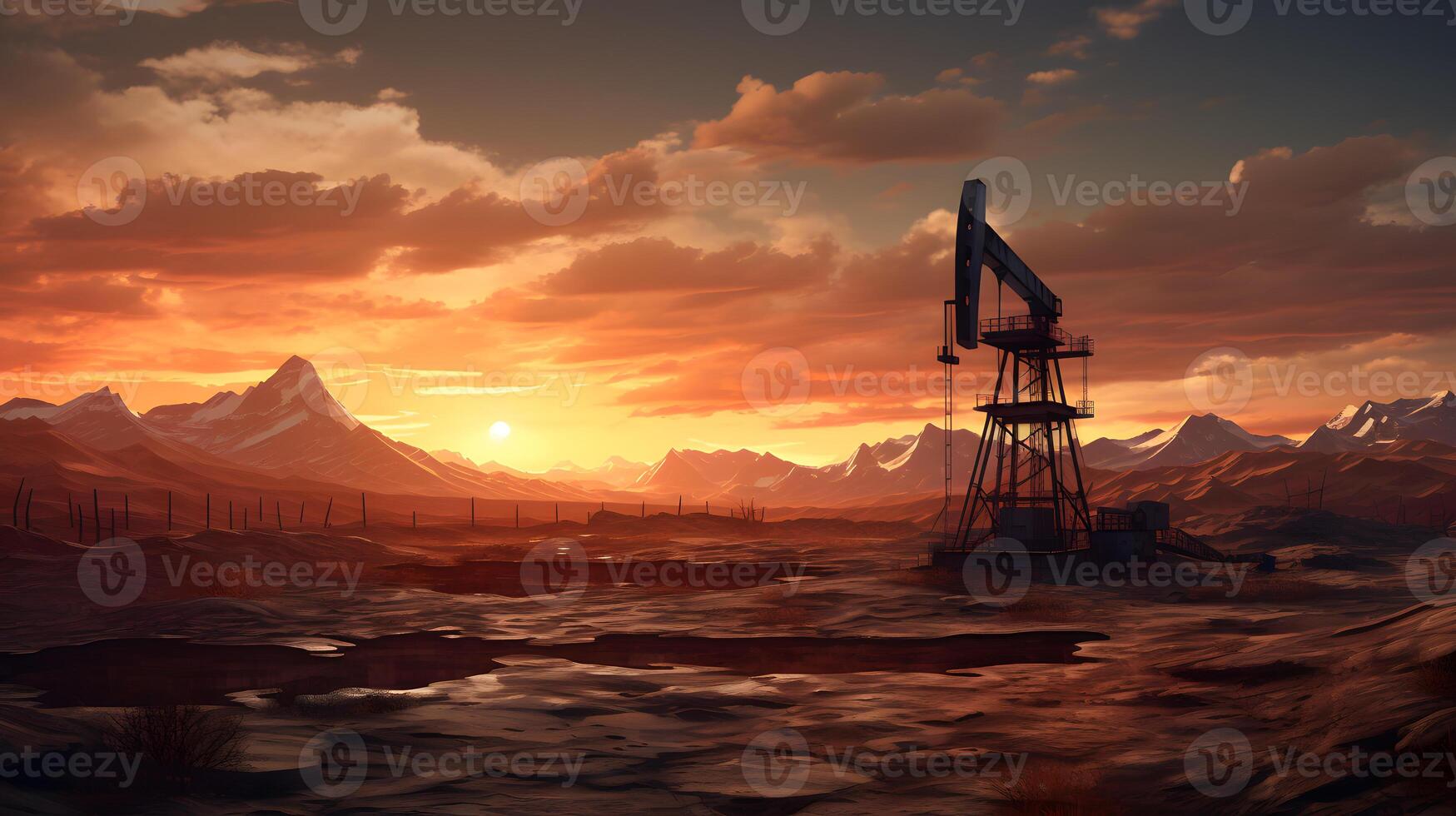 AI generated Photo of crude oil pumpjack rig at sunset. Concept art of oil production or issues of nature protection