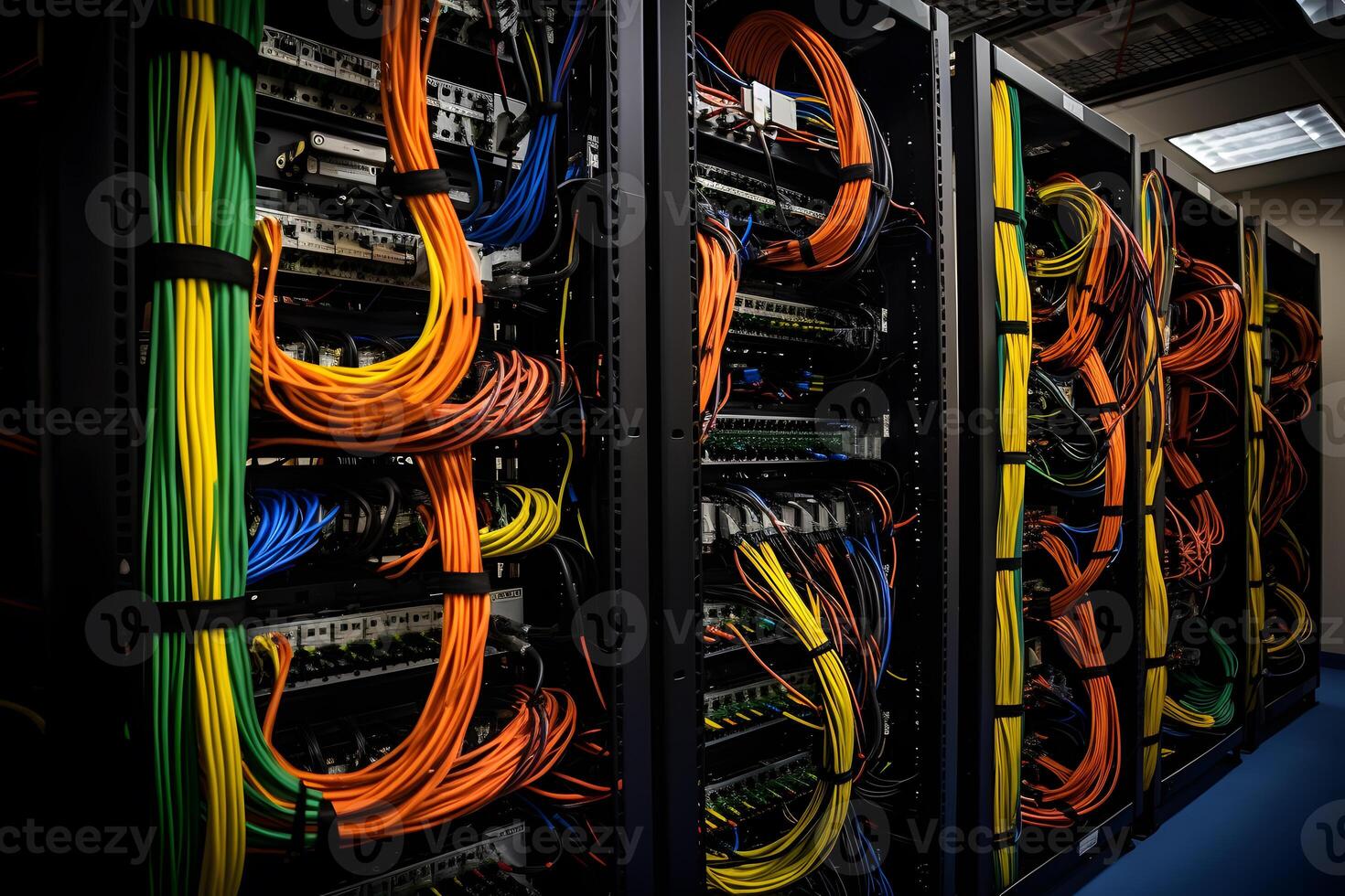 AI generated Server room with server racks and wires. Server uptime concept and cable management photo