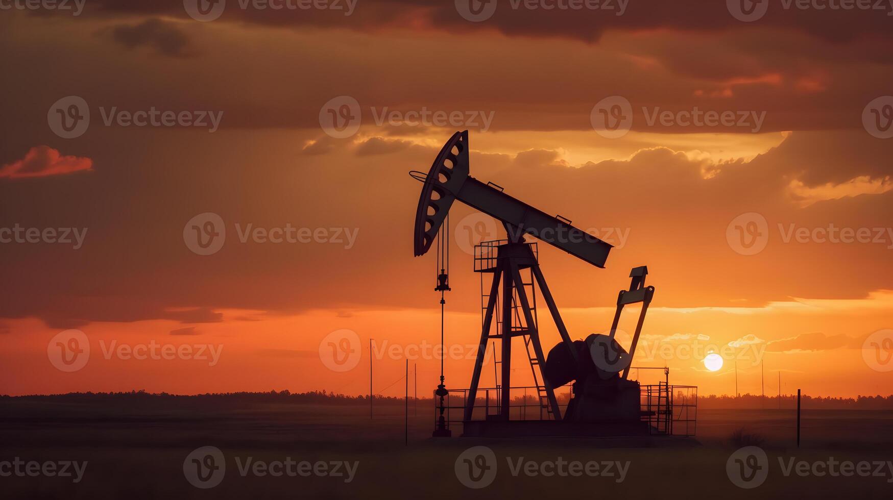 AI generated Photo of crude oil pumpjack rig at sunset. Concept art of oil production or issues of nature protection