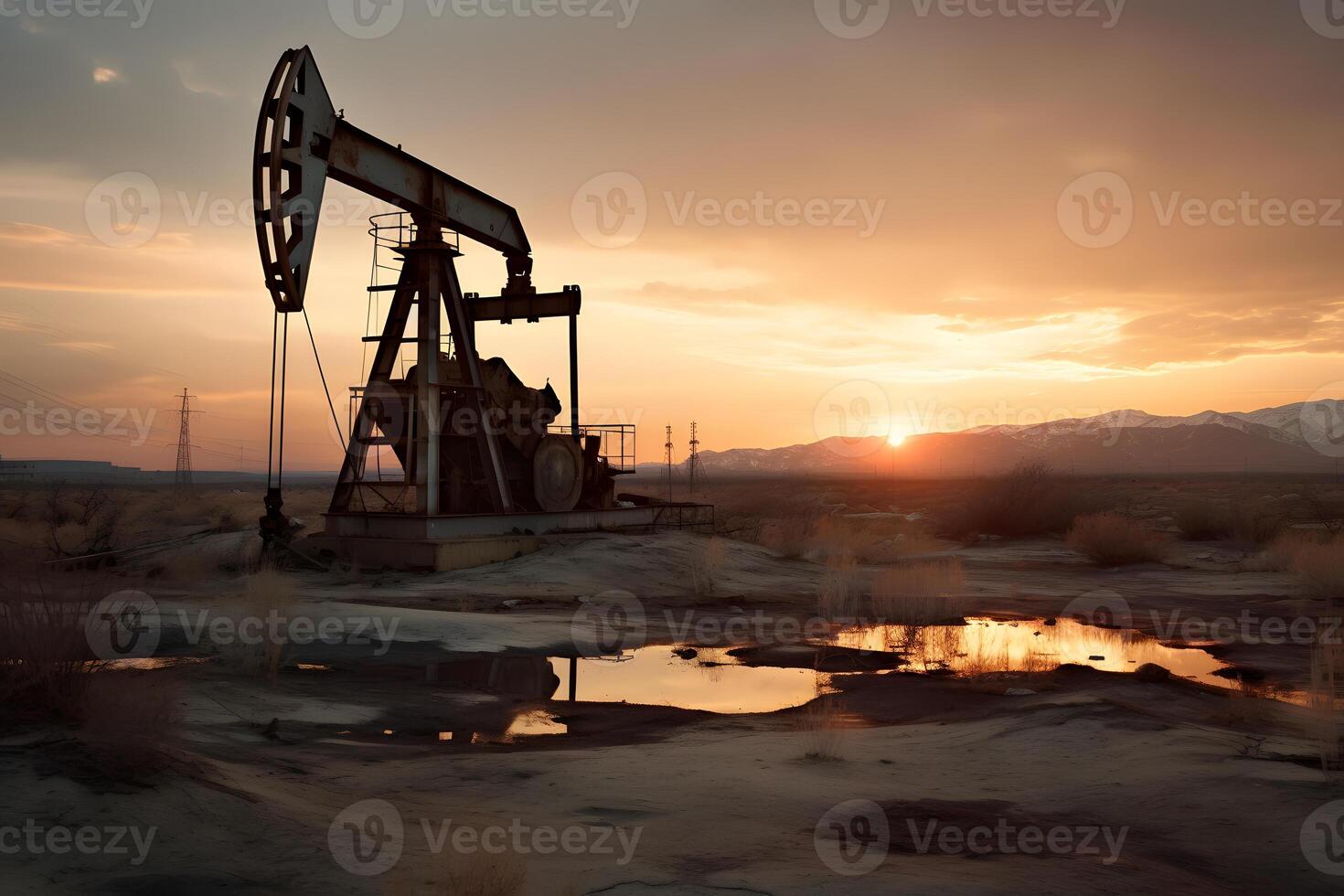 AI generated Photo of crude oil pumpjack rig at sunset. Concept art of oil production or issues of nature protection