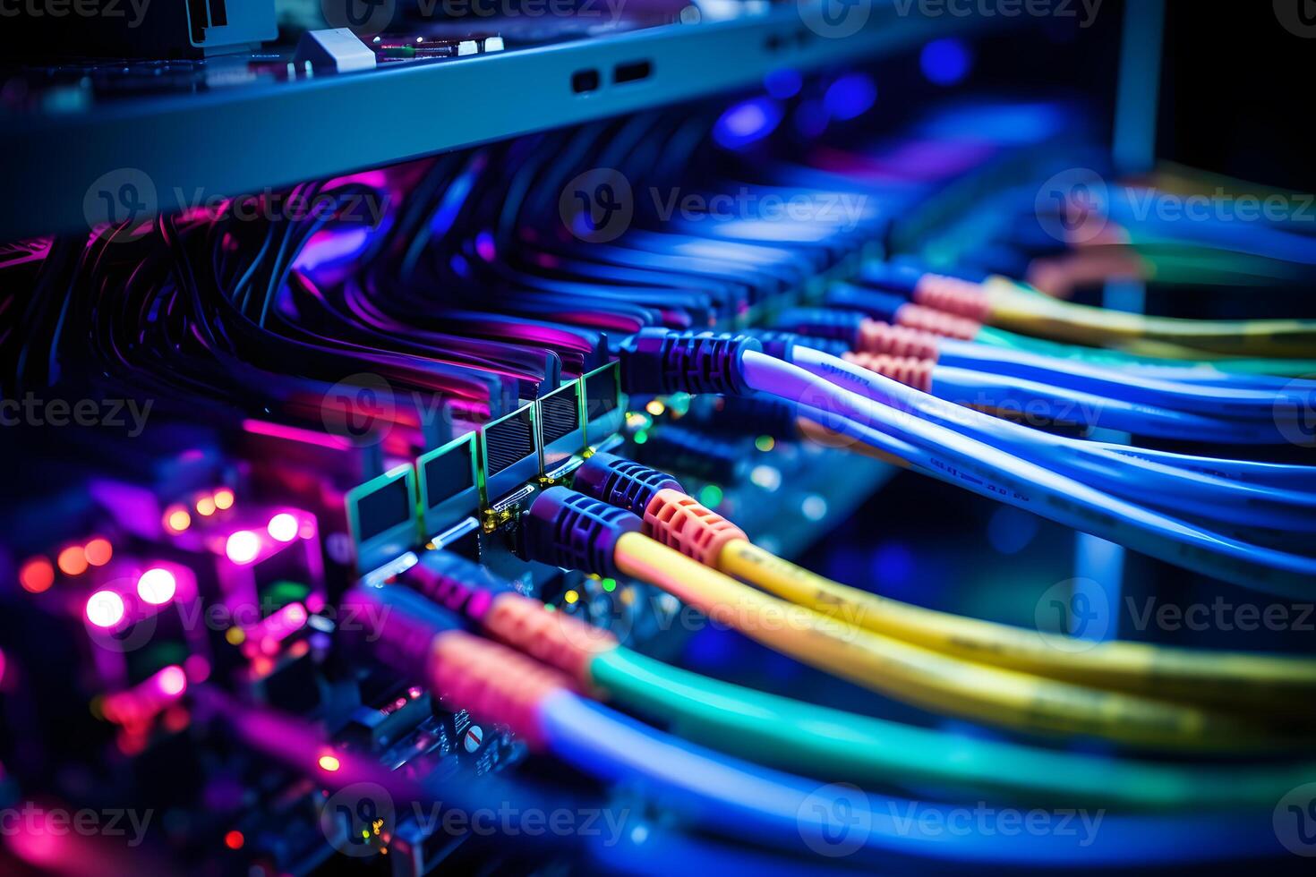 AI generated Close-up photo of patch panel with colored cords in server room. Technology concept