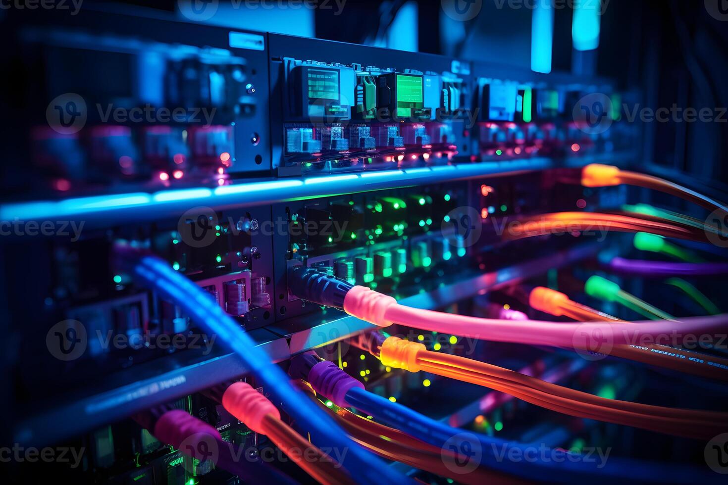 AI generated Close-up photo of patch panel with colored cords in server room. Technology concept