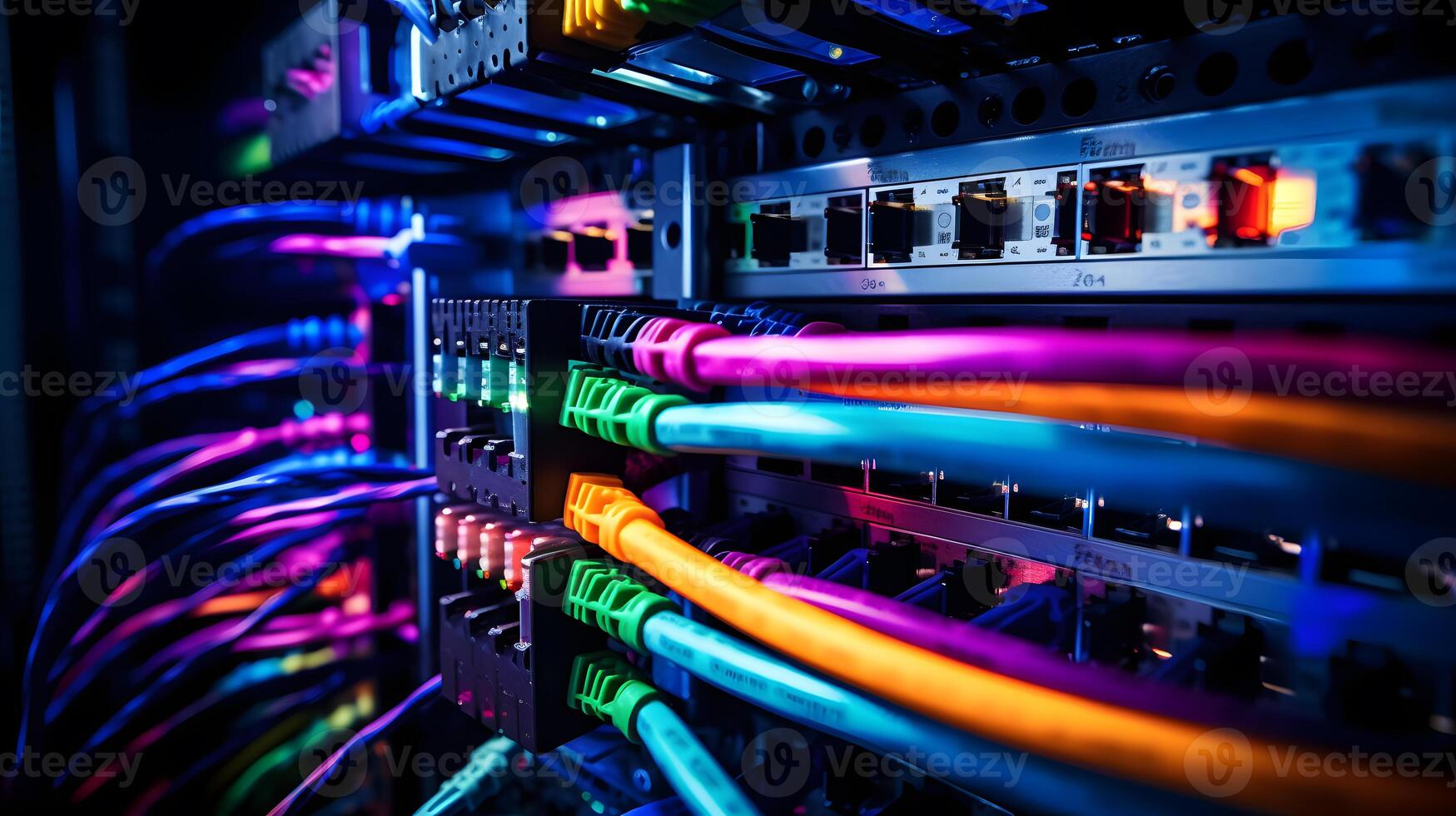 AI generated Close-up photo of patch panel with colored cords in server room. Technology concept