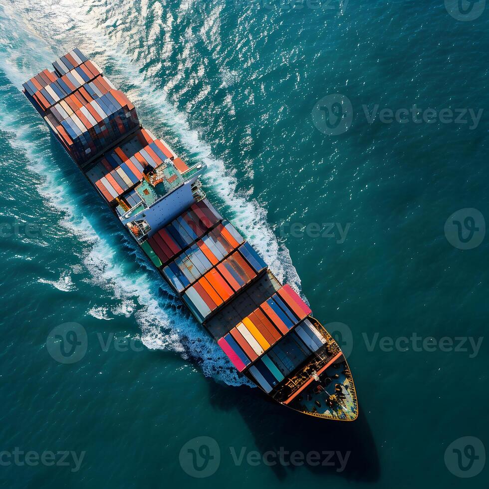 AI generated Aerial side view of cargo ship carrying containers from custom depot. Concept of freight shipping by ship service photo