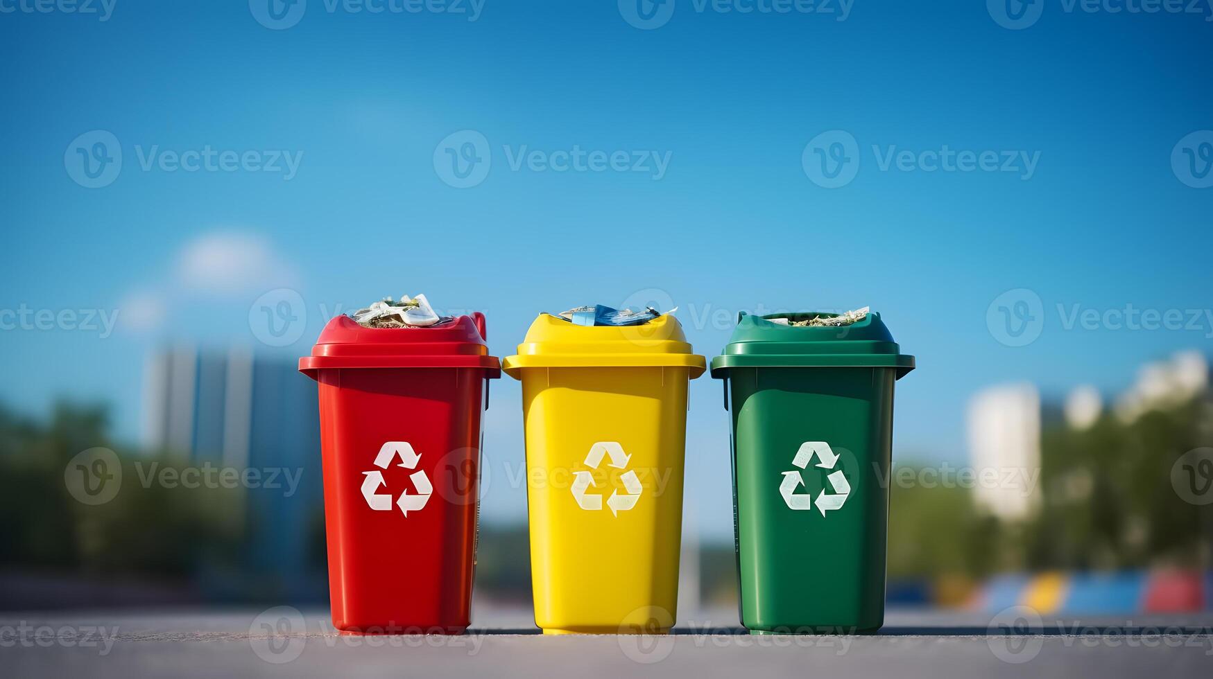AI generated Yellow, green and red trash cans with recycling symbol. The concept of nature conservation and separate waste collection photo