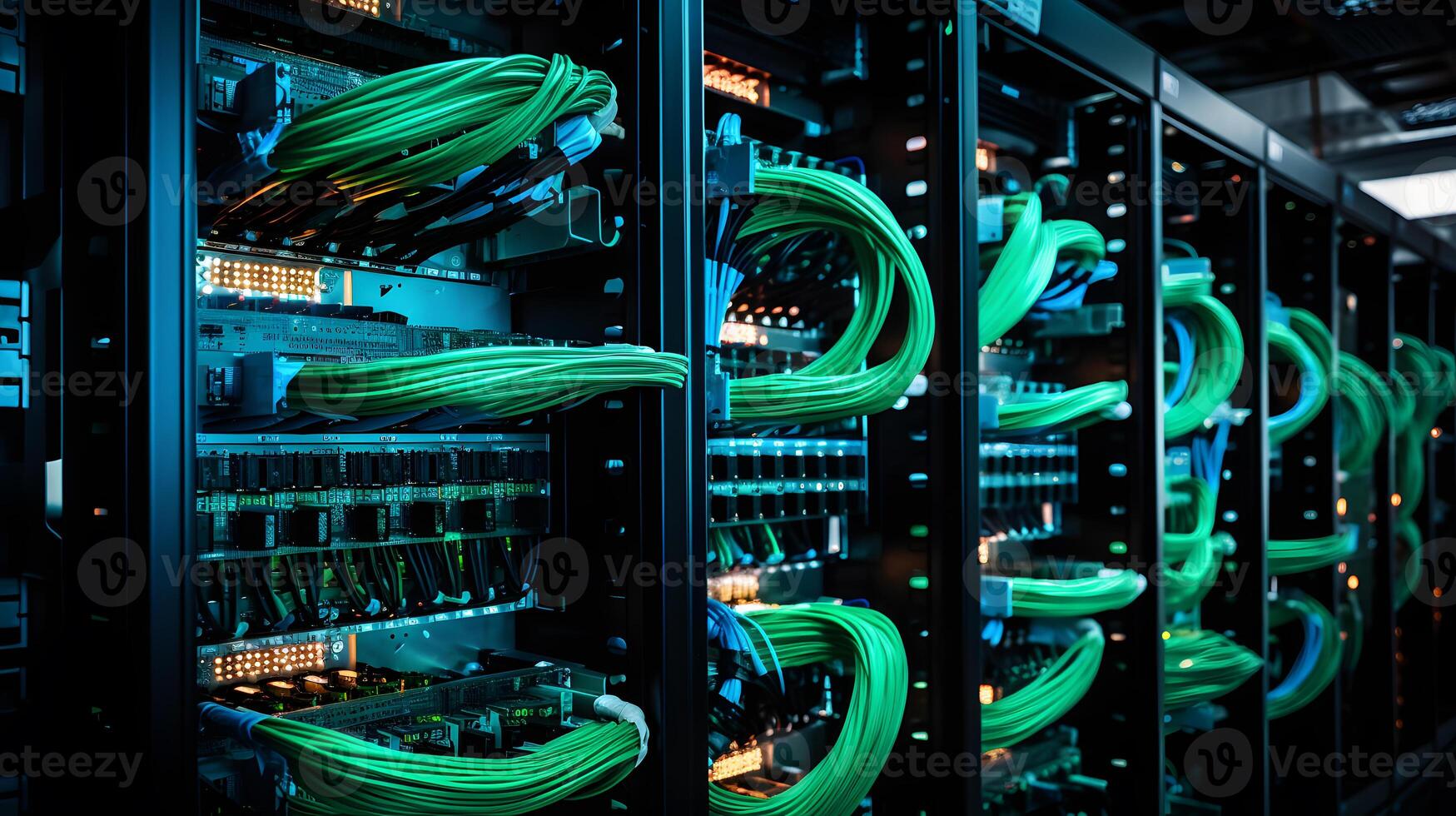 AI generated Close-up photo of patch panel with colored cords in server room. Technology concept