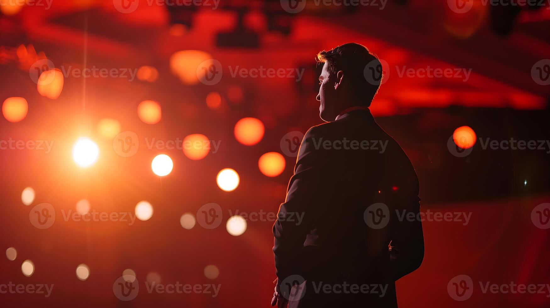 AI generated Business coach speaks on stage in front of people. Back view. Business training concept. photo
