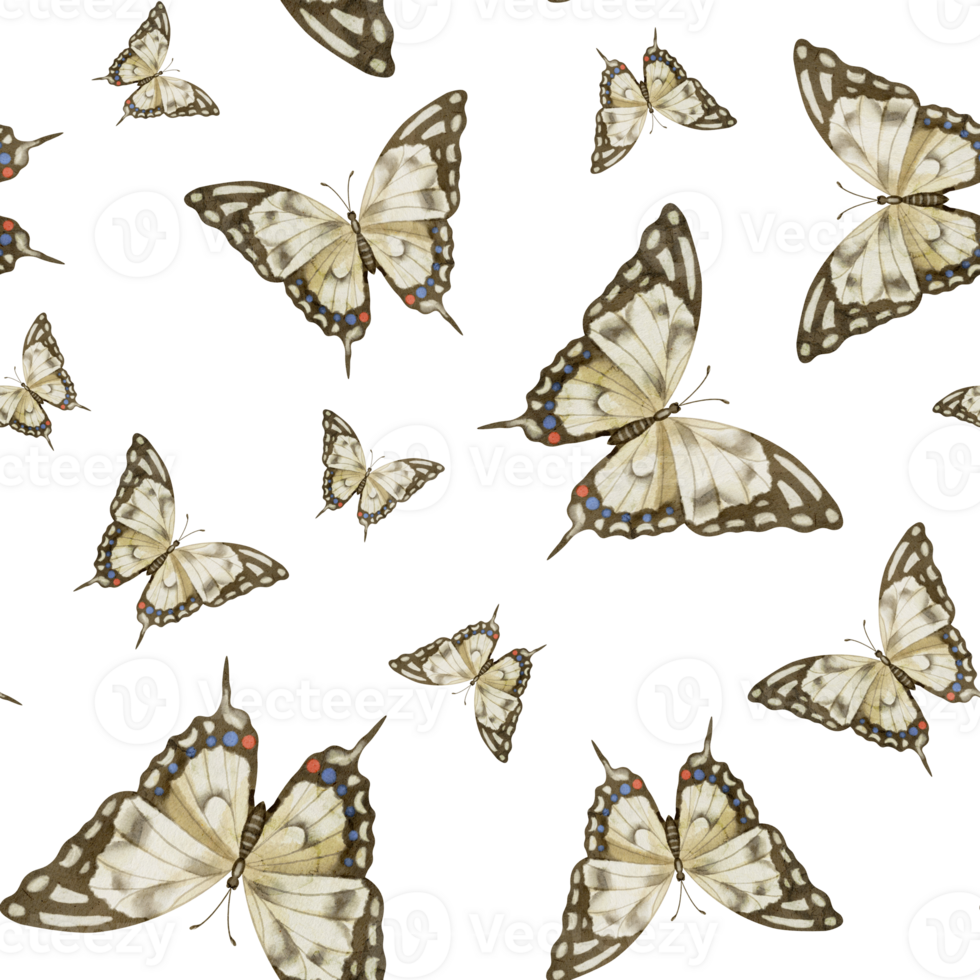 Butterfly watercolor seamless Pattern. Hand drawn backdrop with insects in brown and beige colors. Illustration on isolated background with wings for wrapping paper or textile design. Natural ornament png