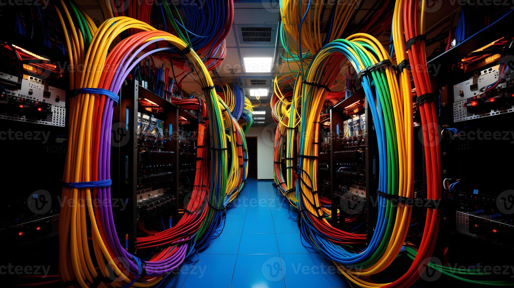 AI generated Server room with server racks and wires. Server uptime concept and cable management photo