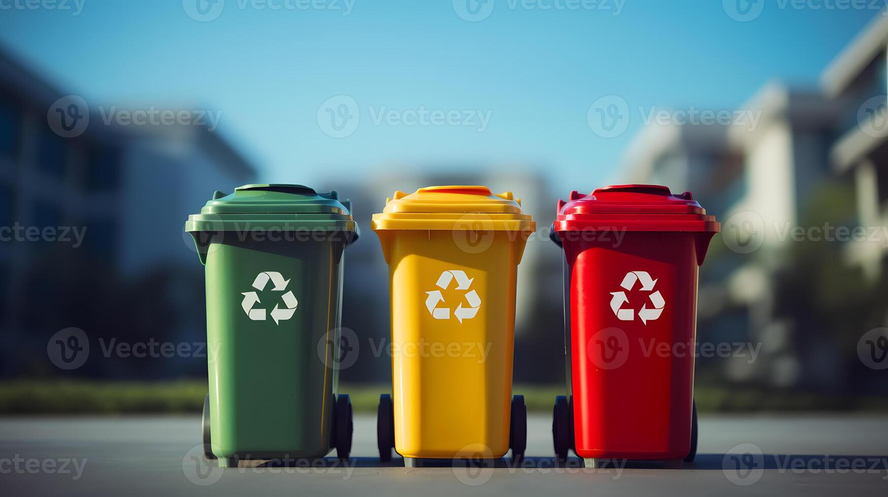 AI generated Yellow, green and red trash cans with recycling symbol. The concept of nature conservation and separate waste collection photo