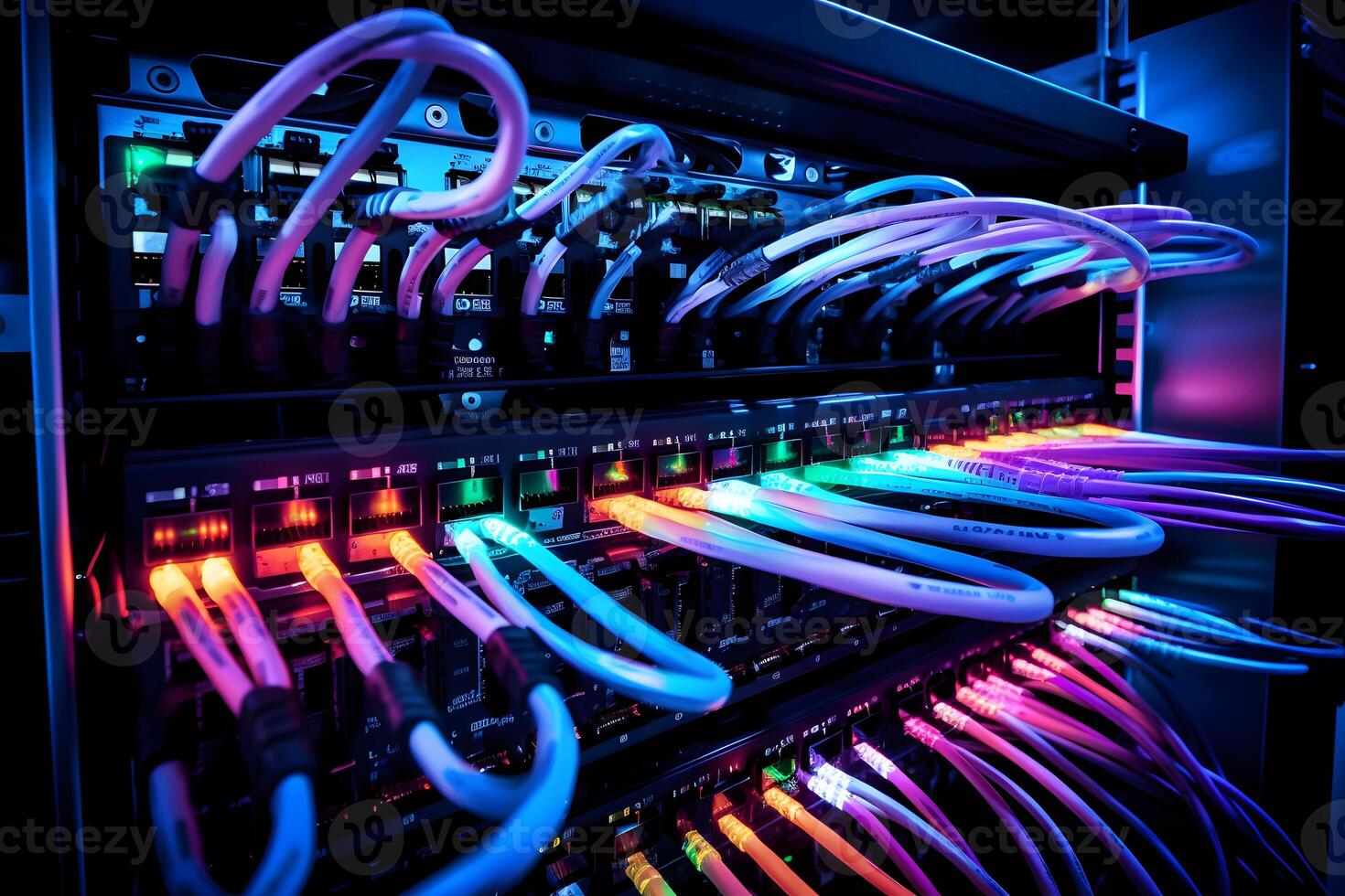 AI generated Close-up photo of a server patch panel with many ports and wires. Many indicators of different colors show the active work of the servers.