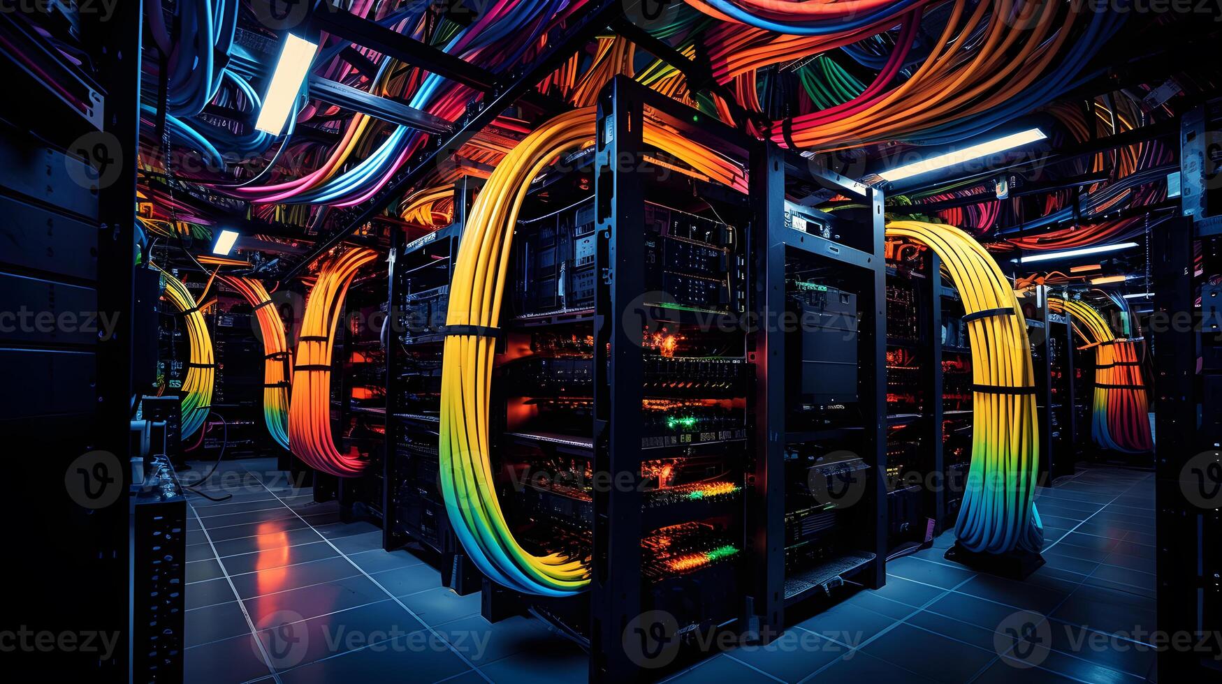 AI generated Ideal cable management in the server room. The result of the work done by the system administrator with a large number of colored wires photo