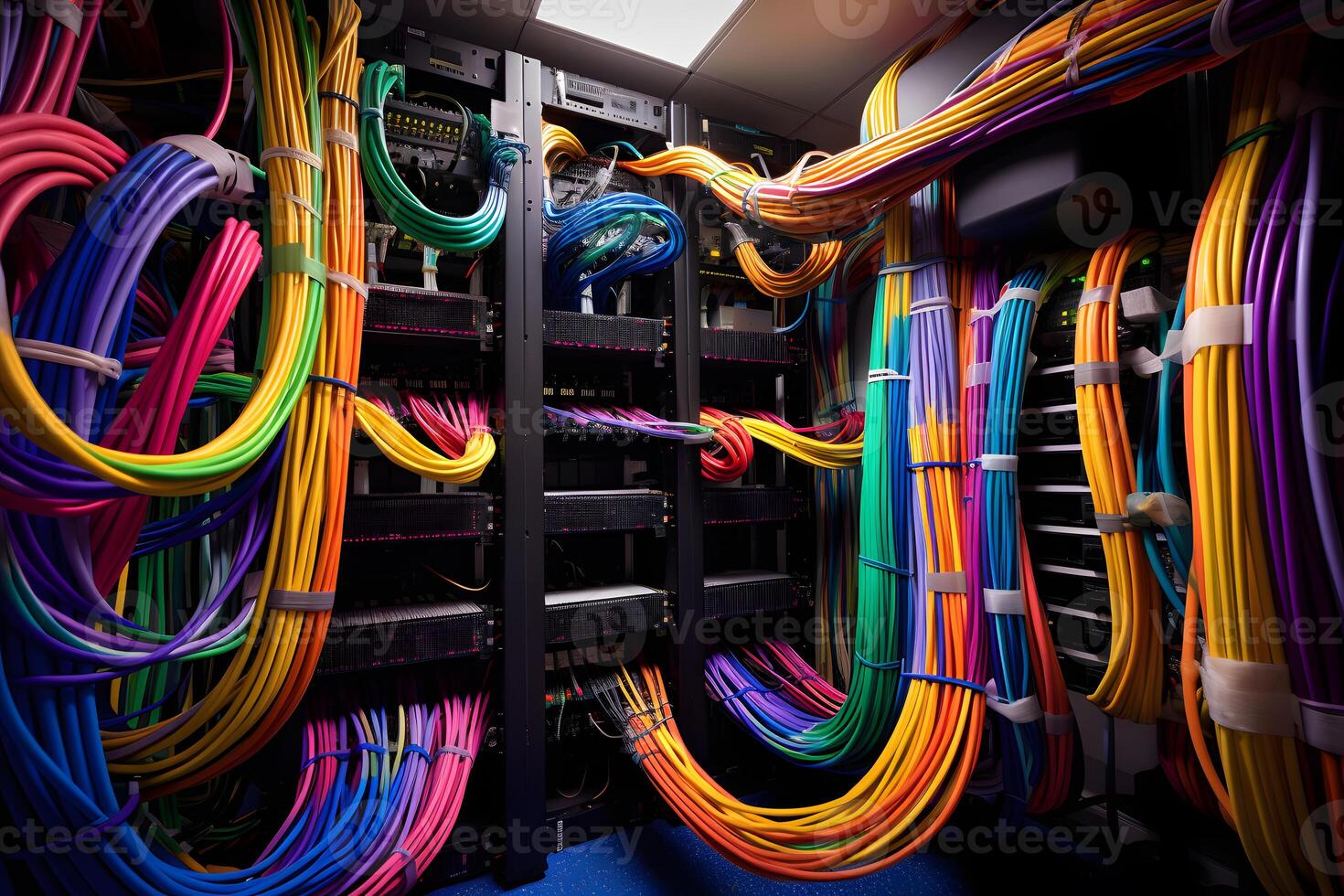 AI generated Server room with server racks and wires. Server uptime concept and cable management photo