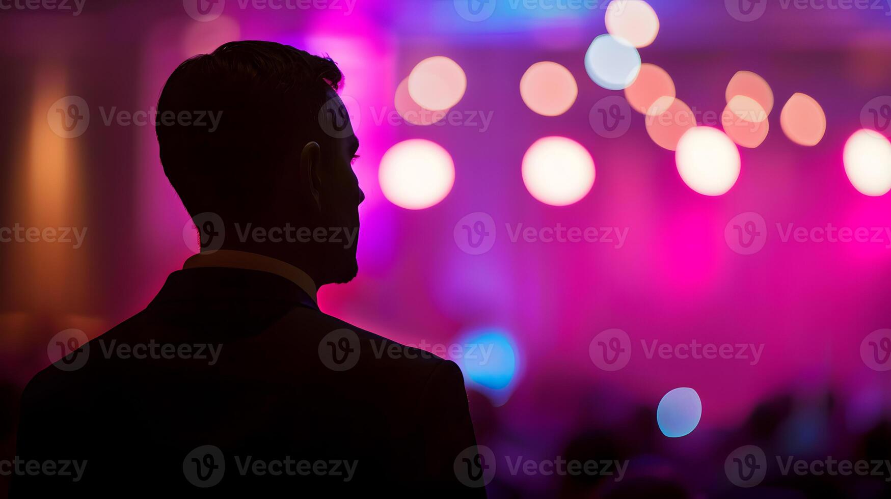 AI generated Business coach speaks on stage in front of people. Back view. Business training concept. photo