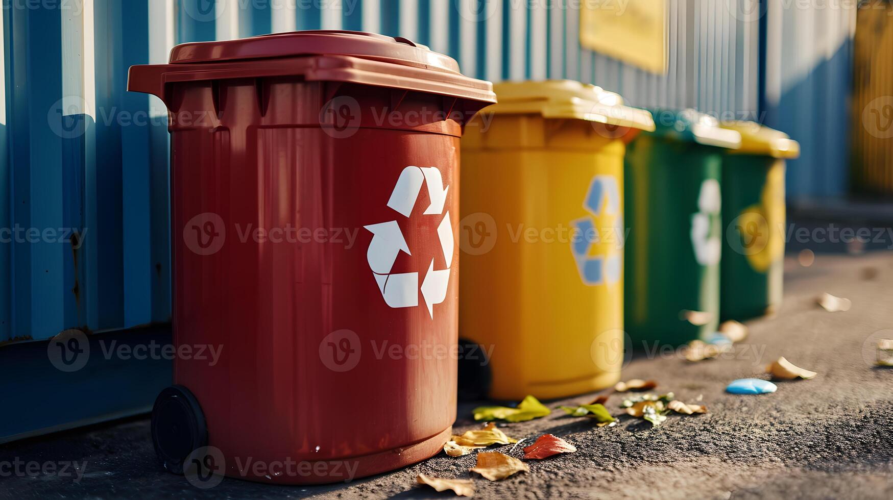 AI generated Yellow, green and red trash cans with recycling symbol. The concept of nature conservation and separate waste collection photo