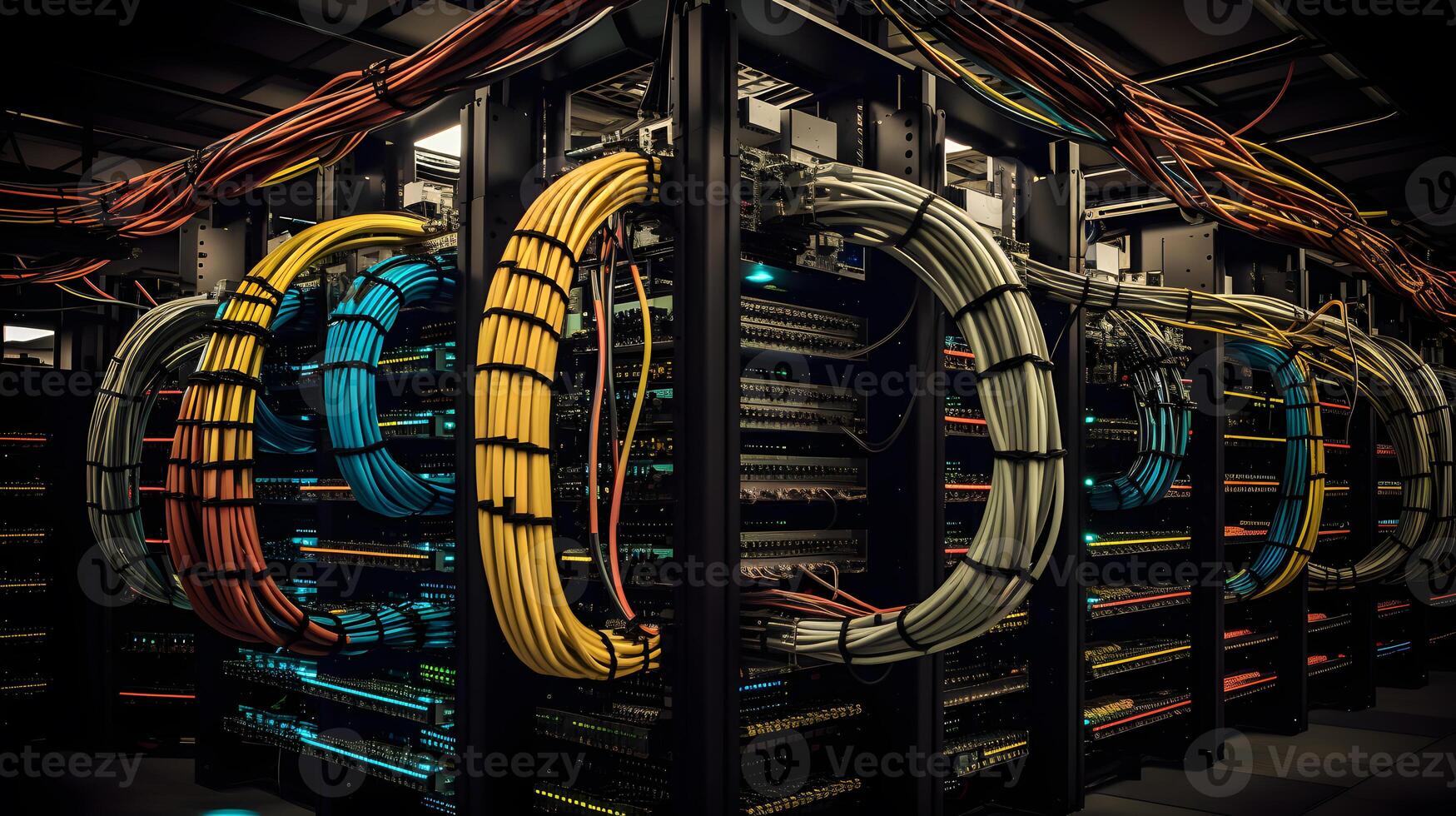 AI generated Server room with server racks and wires. Server uptime concept and cable management photo