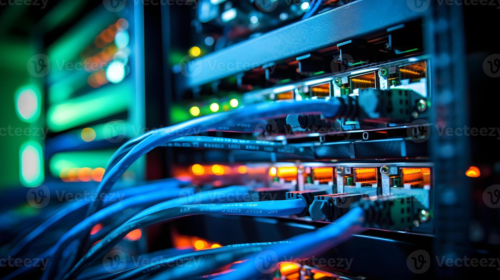 AI generated Close-up photo of patch panel with colored cords in server room. Technology concept